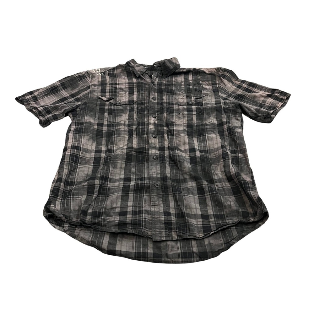 Harley-Davidson Button Down Shirt Mens L Gray Plaid Short Sleeve Acid Wash Logo